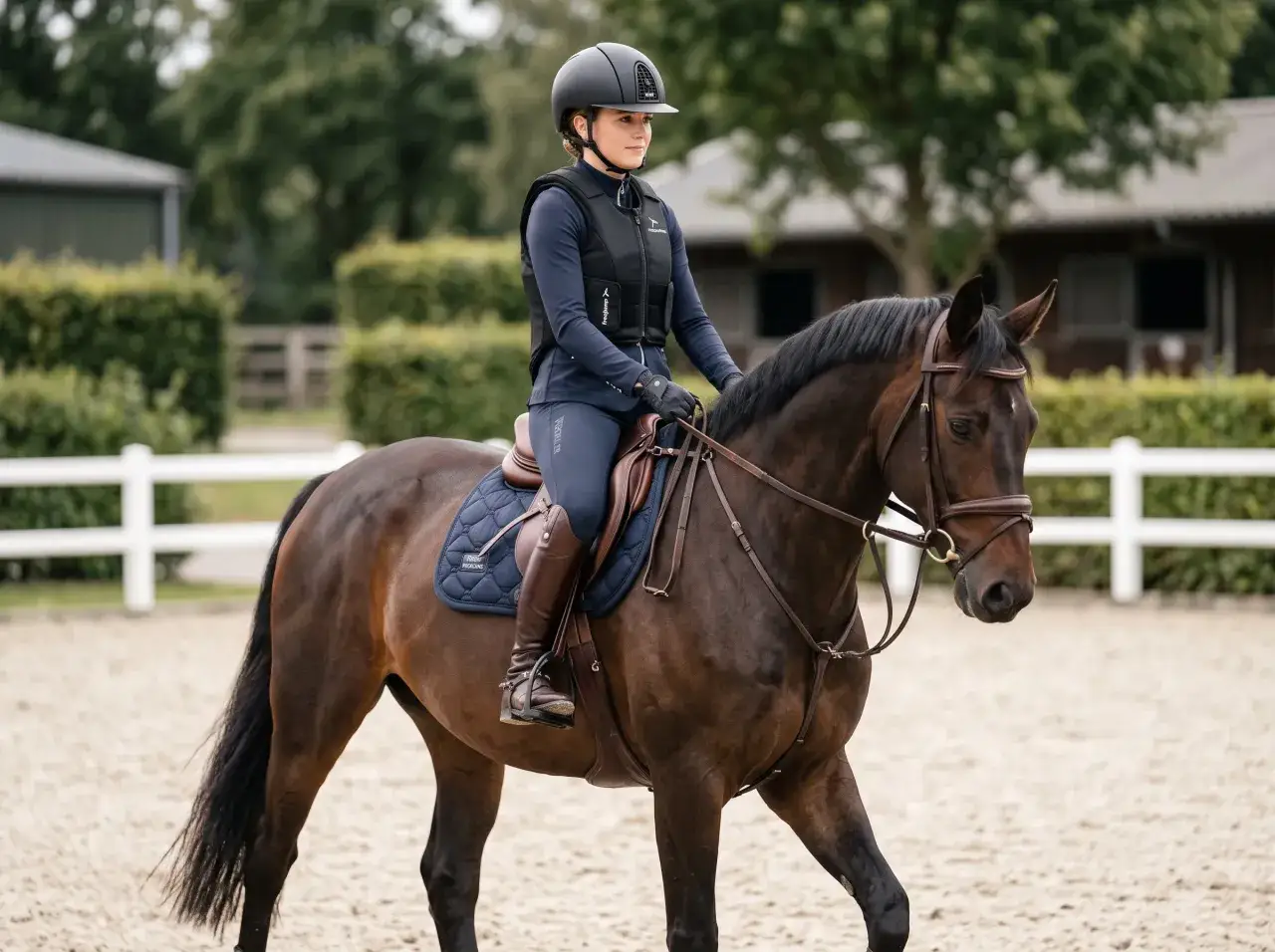 Une cavalière en tenue complète, casque et gilet de protection, monte un cheval brun dans une carrière. L'équipement du cavalier est impeccable.