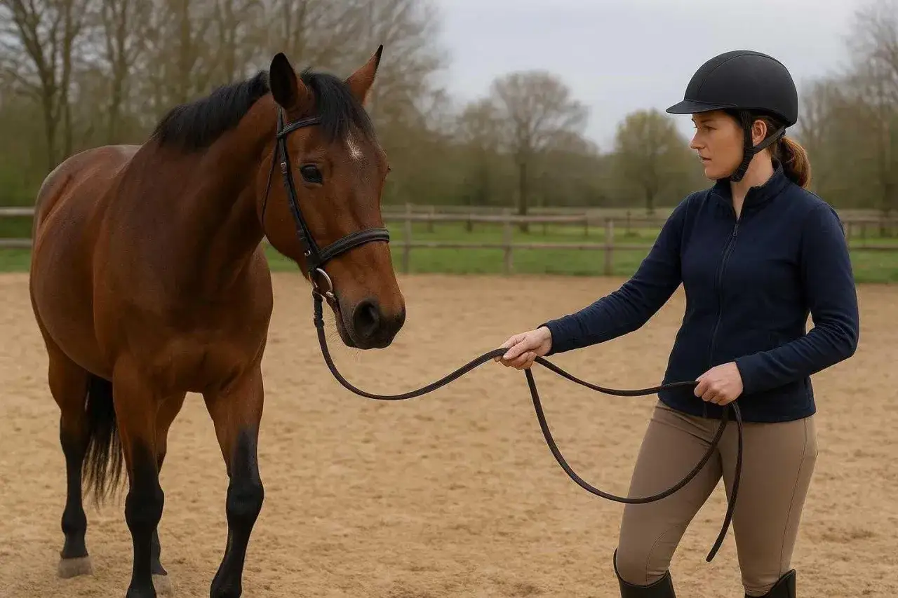 Une cavalière en casque noir tient les rênes d'un cheval bai. Elle se prépare pour un galop 1.