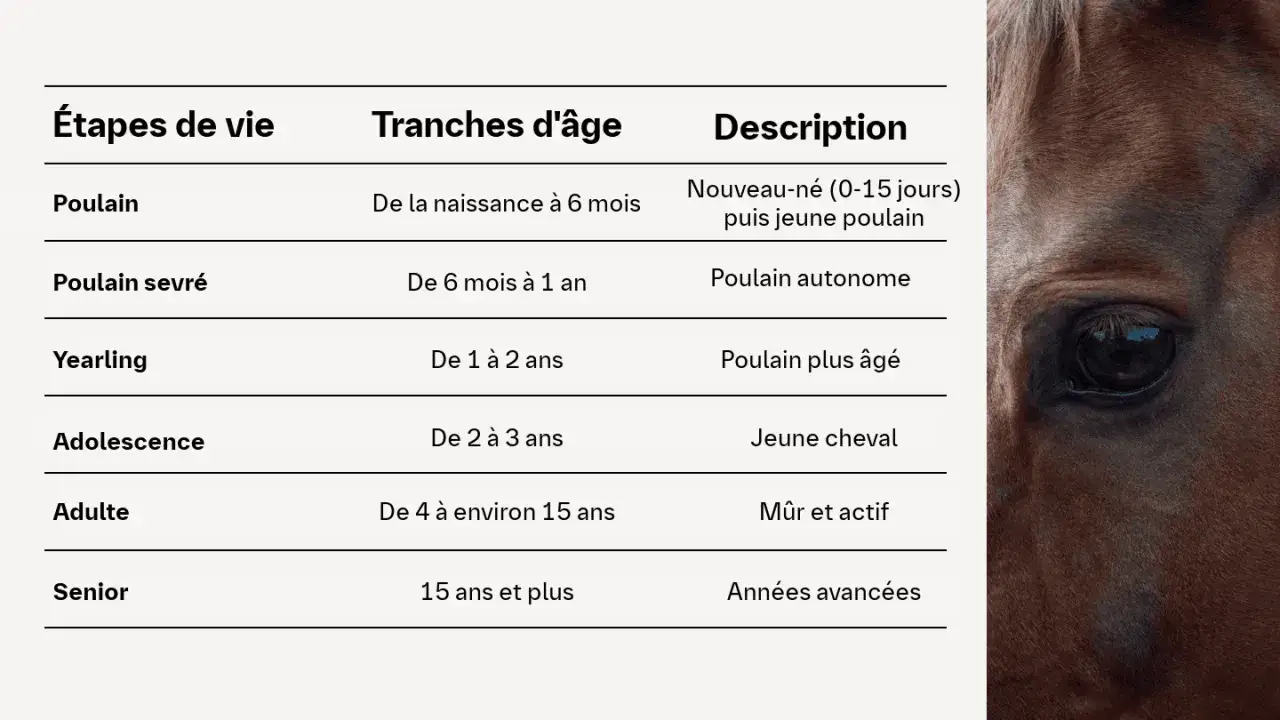 Tableau décrivant les étapes de vie d'un cheval, de poulain à senior, et leur espérance de vie. Gros plan sur l'œil d'un cheval brun.