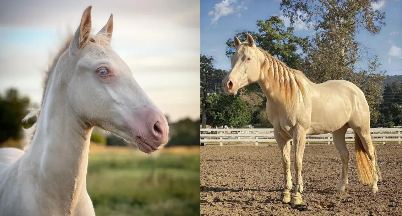 Un magnifique cheval crème aux yeux bleus, une créature d'une rare beauté, se tient fièrement dans un paddock ensoleillé.