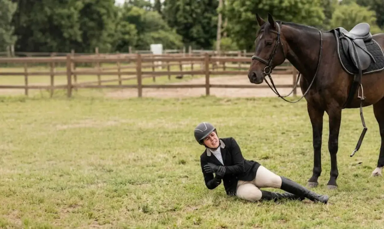 Une cavalière tombe de son cheval, qui reste à proximité. Une situation qui peut soulever la question de la responsabilité civile cheval.