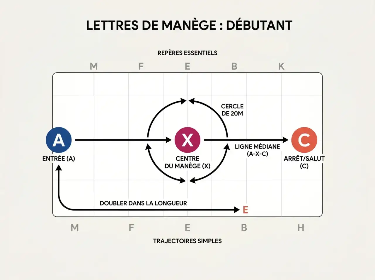 Schéma des lettres de manège pour débutants : entrée en A, cercle de 20m autour de X, ligne médiane A-X-C, arrêt en C. Figure de manège galop 1.