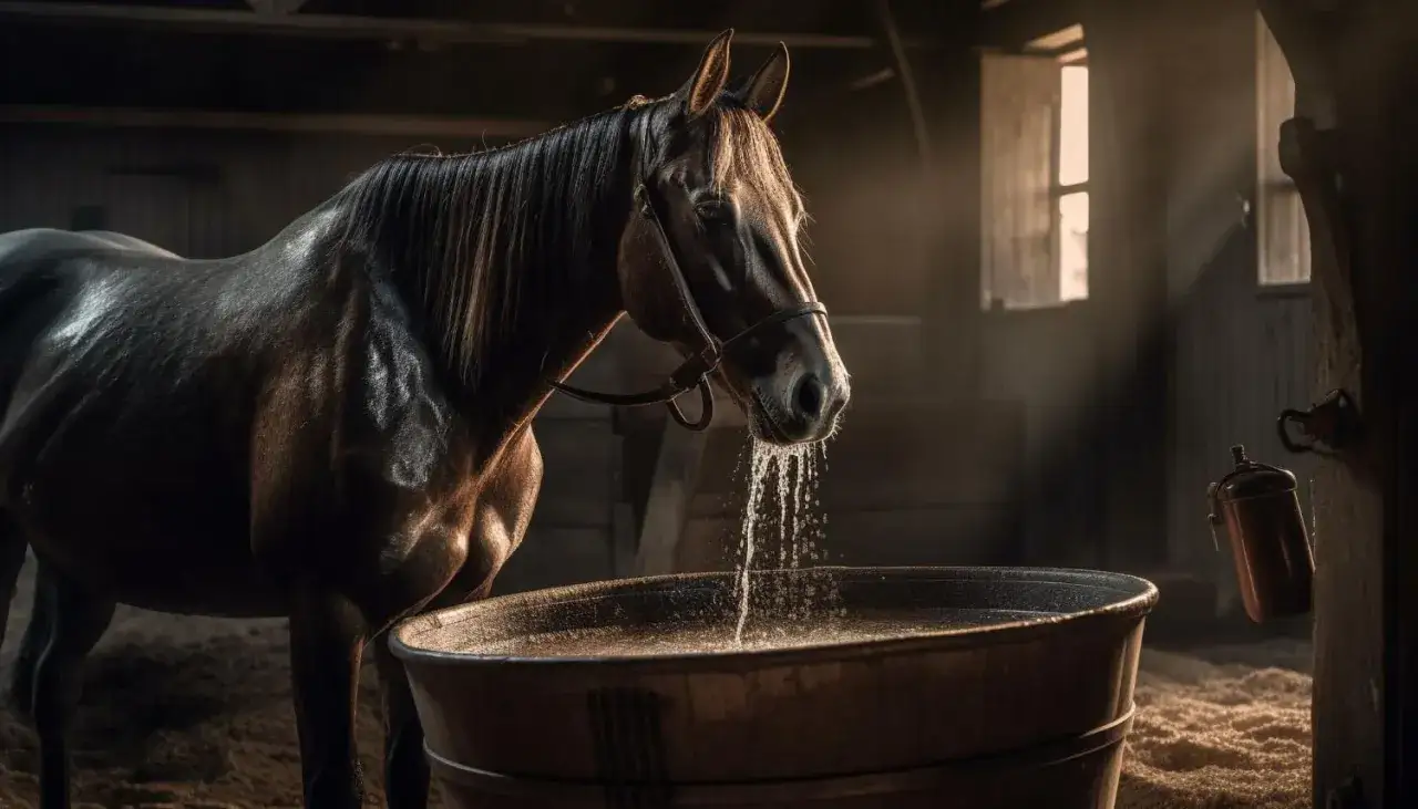 Un cheval brun boit dans un grand baquet, de l'eau dégoulinant de sa bouche. Cela nous rappelle combien boit un cheval par jour.