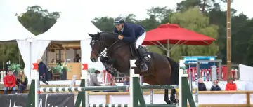 Cavalier et cheval sautant un obstacle lors des jeux équestres mondiaux.