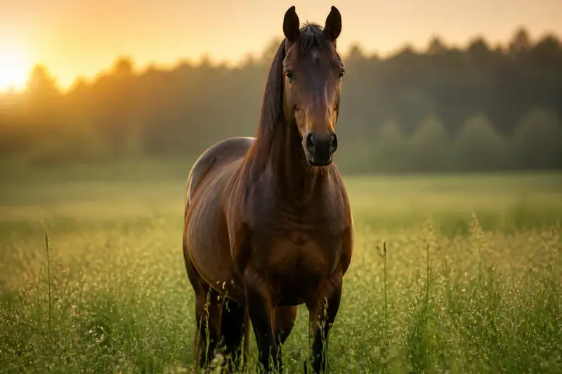 Un cheval brun se tient dans un champ d'herbes hautes au coucher du soleil. Il est important de savoir combien boit un cheval par jour pour son bien-être.