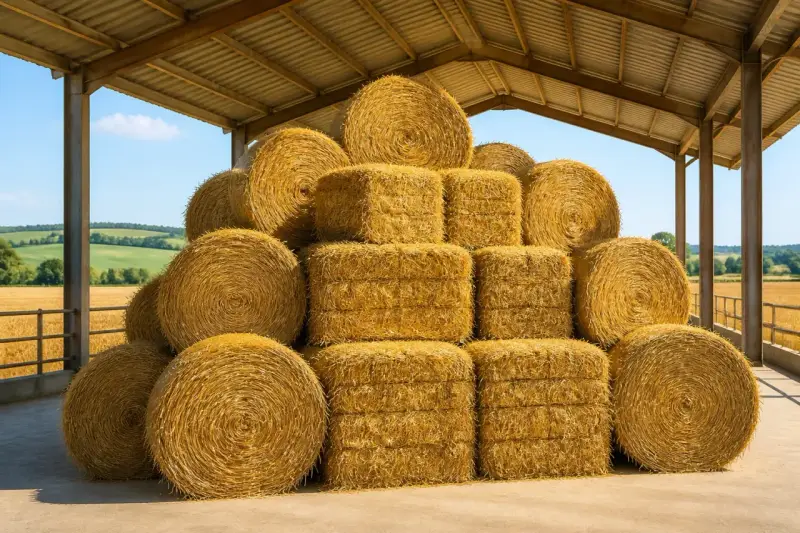 Gros tas de bottes de foin rondes et carrées sous un hangar. Le prix du foin est une préoccupation pour les agriculteurs.