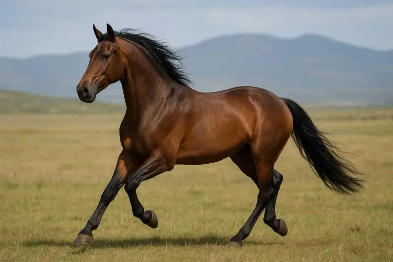 Un magnifique cheval brun galope dans un pré. Une scène évoquant le commerce de chevaux hollandais, où la beauté et la puissance sont primordiales.