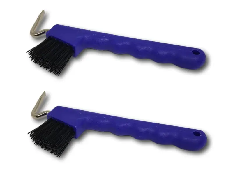 Deux cure-pieds bleus avec brosse noire et crochet métallique pour nettoyer les sabots des chevaux.