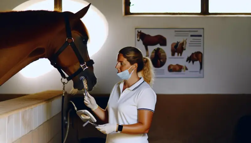 Vétérinaire examinant les dents d'un cheval, un aperçu des coûts de formation dentiste équin.