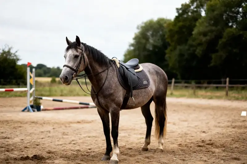 Cheval gris pommelé sellé dans une carrière, prêt pour l'entraînement. Se demander combien coûte un cheval par mois ?