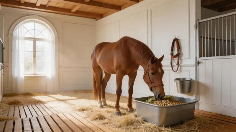 Un cheval brun mange dans un box lumineux, la litière de paille et la luzerne dans sa mangeoire créent une scène paisible.