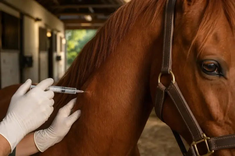 Un vétérinaire administre un vaccin à un cheval brun. Le prix du vaccin pour cheval est une préoccupation pour les propriétaires.