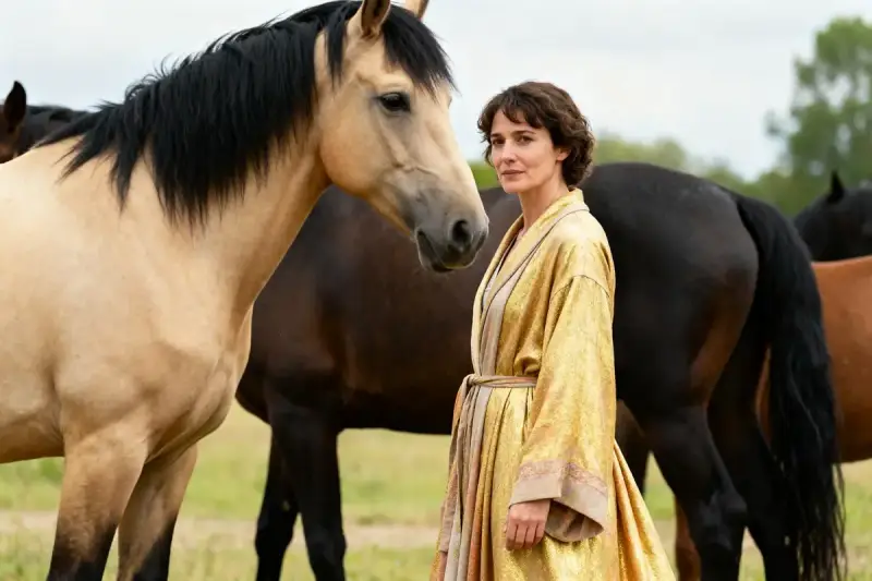 Une femme en robe dorée se tient près d'un cheval isabelle et d'autres chevaux dans un pré.