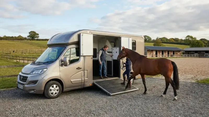 Un homme et une femme chargent un cheval dans un **dimension van chevaux 2 places** sur un terrain d'équitation.