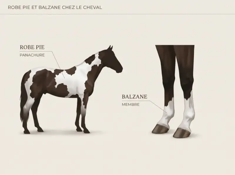 Un cheval à la robe pie, avec des taches brunes et blanches. Ses membres inférieurs présentent des balzanes blanches, une caractéristique de la couleur des chevaux.